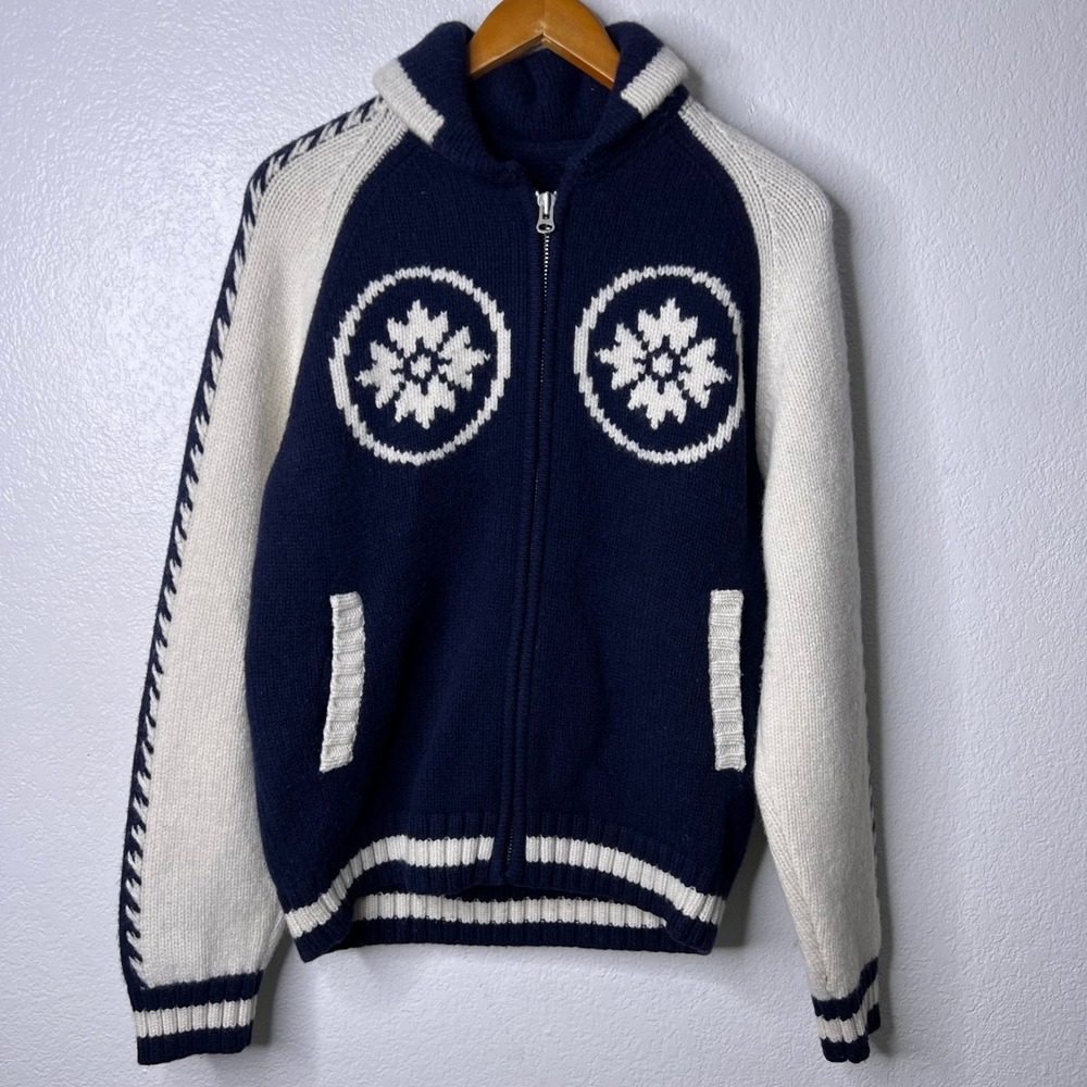 Evisu Heritage Wool Blend Cowichan Full Zip Sweater Navy White Mens Medium - Picture 2 of 8